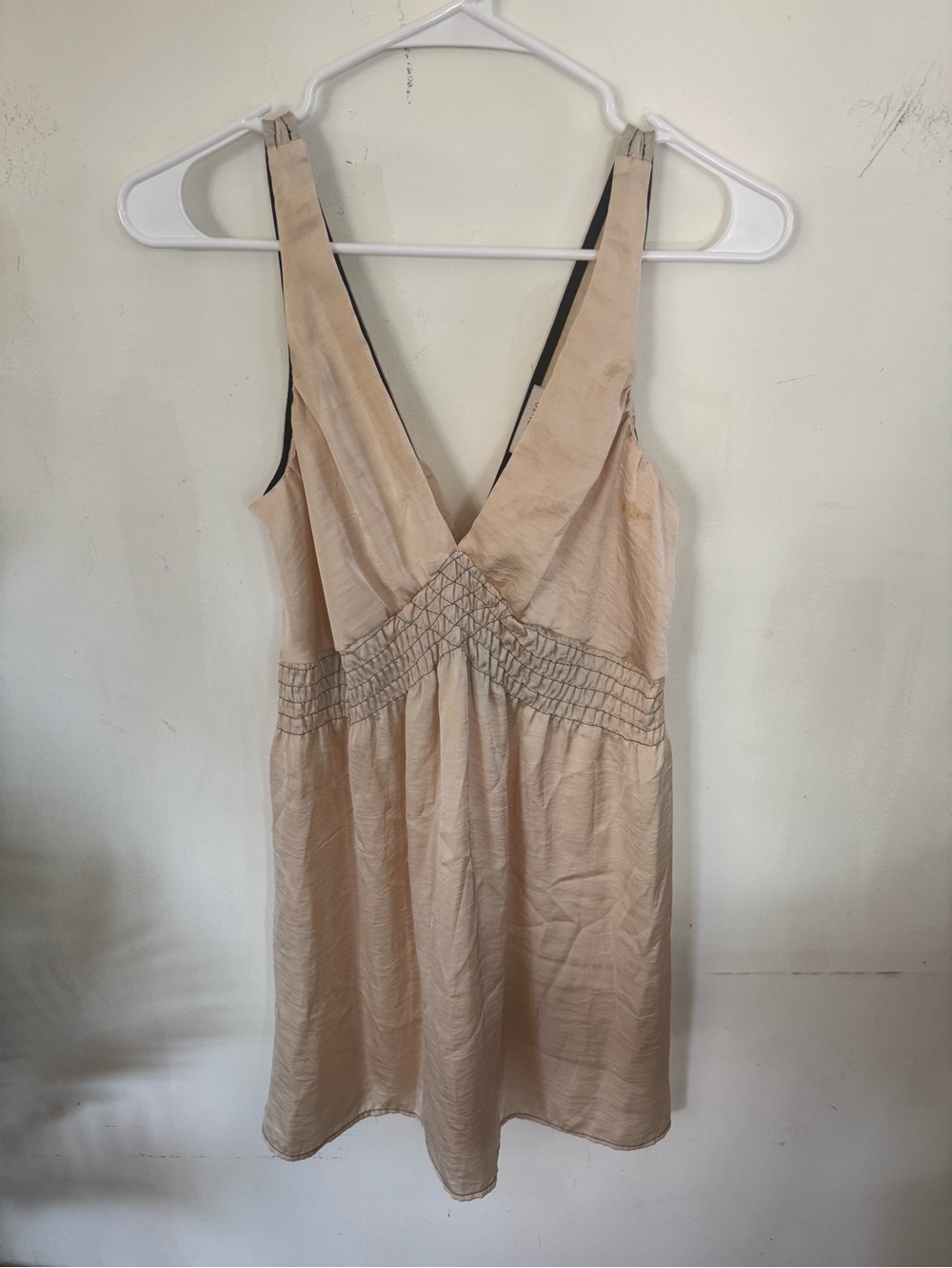 Vintage Y2K Solemio Cream V-Neck Smocked Waist Slip Dress
